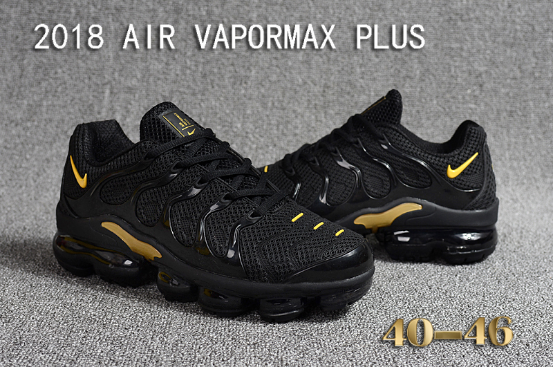 Men Nike 2018 Air VaporMax Plus Black Gold Shoes